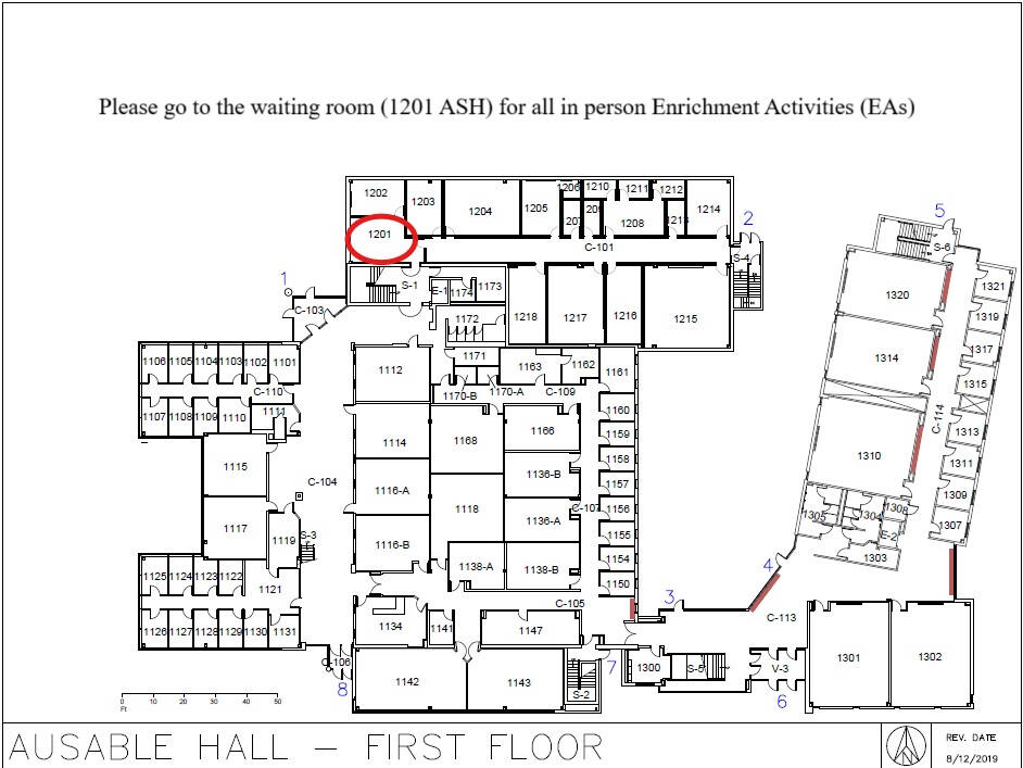 Au Sable Hall First Floor Map, additional directions to the waiting room are written out below